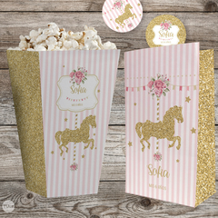 Kit imprimible carousel calesita glitter candy bar tukit, cumpleaños glitter dorado, calesita, carousel, carrousell, caballito dorado