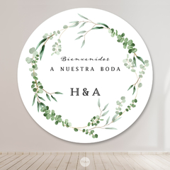 banner circular imprimible hojas verdes, eucalipto, circulo fondo de mesa, cartel candy bar