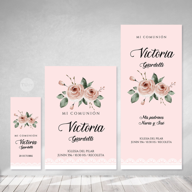 Estampita Imprimible Comunion Bautismo Flores Rosas Pink Tukit