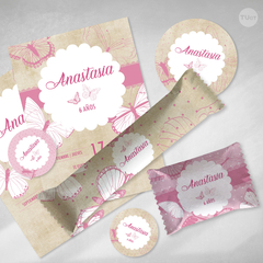 Kit imprimible mariposas rosas vintage candy bar tukit