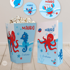 Kit imprimible animales del mar colores azul rojo celeste tukit, ocean, animalitos del mar, party bundle