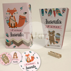Kit imprimible animalitos del bosque tribal tipi rosa nena candy bar tukit - comprar online