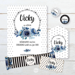 Kit imprimible rayas blanco negro flor azul tukit - comprar online
