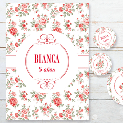 Kit imprimible shabby chic flor roja candy bar tukit - tienda online