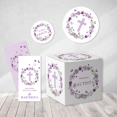 Kit imprimible bautismo comunión flores lilas mariposas tukit