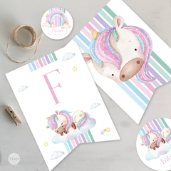 Kit imprimible unicornios acuarelas rayas pasteles tukit - tienda online