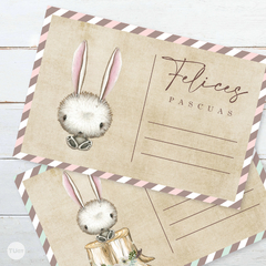 postal imprimible felices pascuas, postales, conejitos con flores, tarjetas, regalo