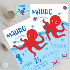 Kit imprimible animales del mar colores azul rojo celeste tukit - TuKit