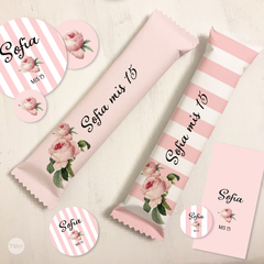 Kit imprimible flores rosas rayas candy bar tukit - tienda online