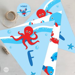 Kit imprimible animales del mar colores azul rojo celeste tukit - tienda online
