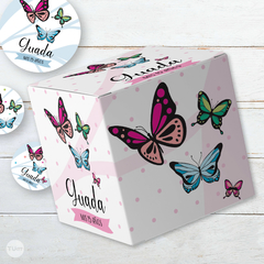 kit imprimible mariposas, colores vivos, texturas, cumpleaños con mariposas, banderin y cartel con mariposas, milk box, caja cubo