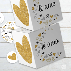 Kit imprimible corazones glitter dorado negro tukit - tienda online