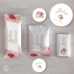 Kit imprimible flores rositas 15 años casamientos candy bar