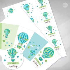 Kit imprimible globos aerostaticos flores verde menta cumpleaños tukit - comprar online