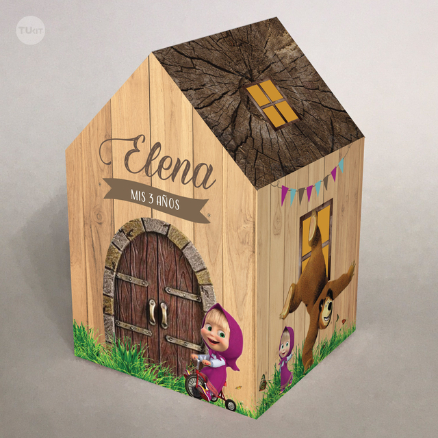 Casita decorativa golosinera imprimible masha y el oso madera tukit