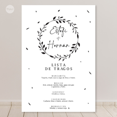 cartel imprimible, hojas laurel, negro y blanco, wedding, eventos, sos, lamina baño, menú, lista de tragos