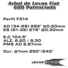 Leva Potenciada Fiat 600 850 Alzada 9.30mm Dur 282° E.C. 104.5° - comprar online