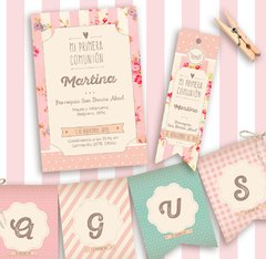 Kit Primera Comunión/ Bautismo Romántico Vintage. Imprimibles personalizables