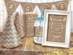 Kit Comunión /Bautismo Rústico Celeste y marrón Chevron Editable - CocoJolie Kits Imprimibles