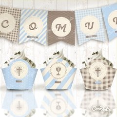 Kit Primera Comunión/ Bautismo CELESTE Retro. Imprimibles personalizables - CocoJolie Kits Imprimibles