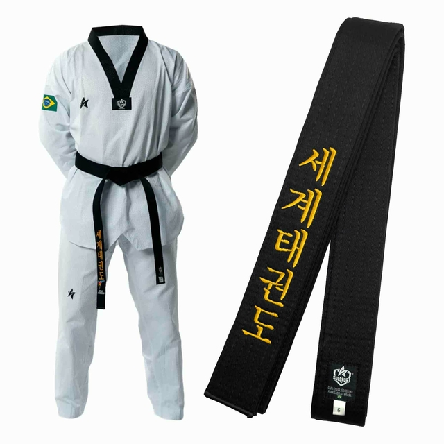 Dobok Taekwondo Pro Olympic Gola Preta 50 Algodao Faixa Preta Bordada World Taekwondo Sulsport