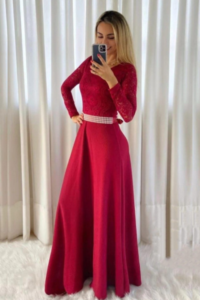 Vestido Longo,Tecido Piquet e Renda,Cor Vermelho,Manga Longa - Lany