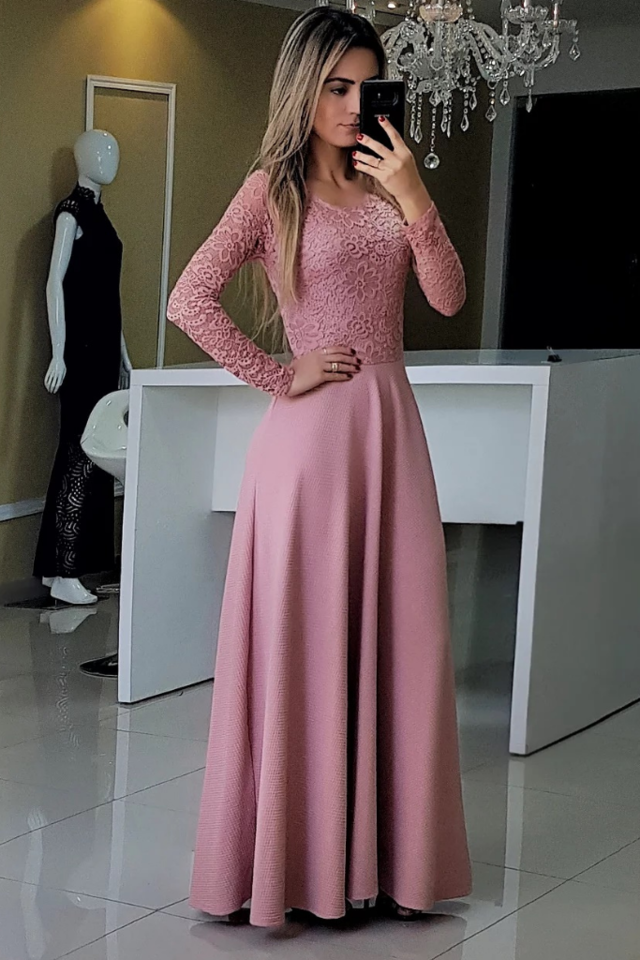 Vestido Longo Piquet c Renda Parte Superior Manga Longa Sheilla