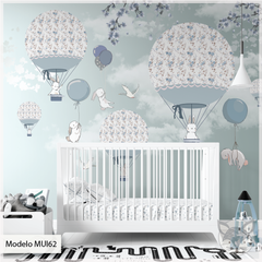 Modelo MUI62 Conejos volando en globos shabby tonos azules - comprar online