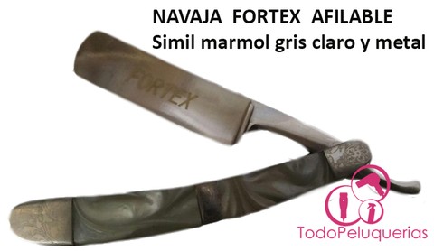 Navaja Marca FORTEX tradicional Barbero hoja entera afilable * Simil marmol gris claro y detalles de metal ( 1830 )