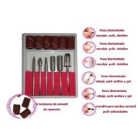 SET 6 FRESAS METALICAS + 6 LIJAS PARA MINITORNO DE MANO * MANICURIA UÑAS (CH) - tienda online