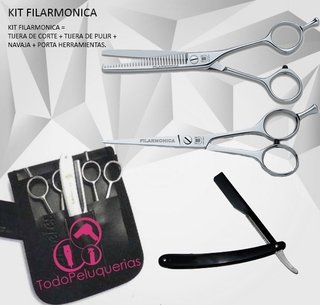 KIT MARCA FILARMONICA DE ESPAÑA * TIJERA CORTE MICRODENTADA 18064 + TIJERA PULIR 18069 + NAVAJA + PORTAHERRAMIENTAS PH2