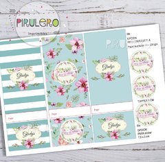 Kit imprimible Shabby chic Acqua rayas y flores - Pirulero