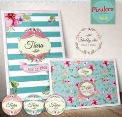 Kit imprimible Shabby chic Acqua rayas y flores