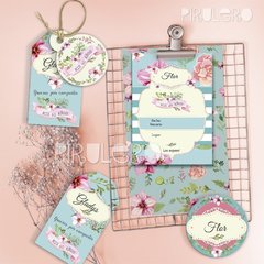 Kit imprimible Shabby chic Acqua rayas y flores - Pirulero