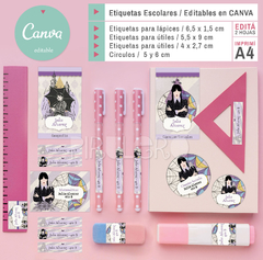 Etiquetas escolares imprimibles Merlina Addamas Wednesday_Canva editable