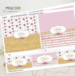 Kit imprimible Shabby Chic Rosa, Blanco y Dorado