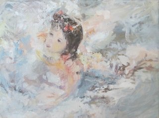 Valeria Poggio. Niña en el agua con moños, 13x18cm.