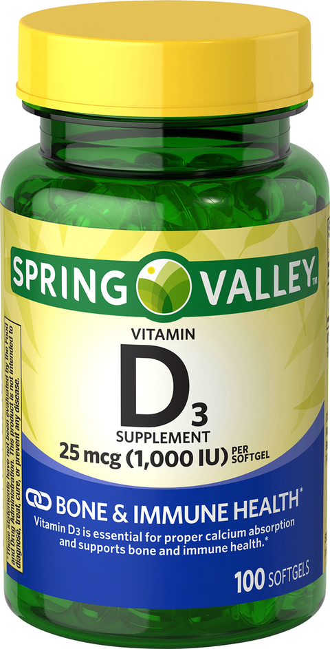 Spring Valley Vitamina D3 Softgels, 25mcg, 100 Cápsulas