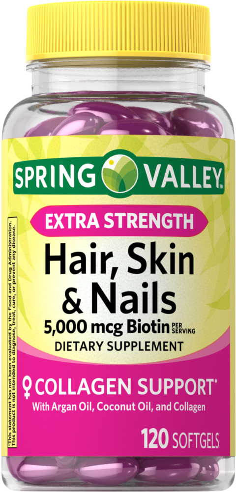 Vitamina Spring Valley Cabelo, Unha e Pele Extra Forte (Hair, Skin, & Nails Collagen Support Softgels), 5000 mcg Biotin, 120 cápsulas