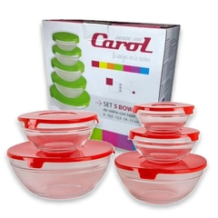 Set 5 Bowls Vidrio Tapa Plastica Carol Apilable Microondas