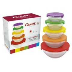 Set 5 Bowls Vidrio Tapa Plastica Carol Apilable Microondas