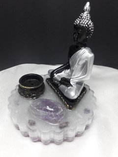Buda tailandês 10cm base orgonite, incensário e ametista