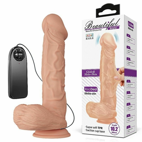 BEAUTIFULL PRÓTESE REALÍSTICA 26X5,5CM COM ESCROTO, VENTOSA E COM VIBRADOR COR BEGE - CÓD 1546