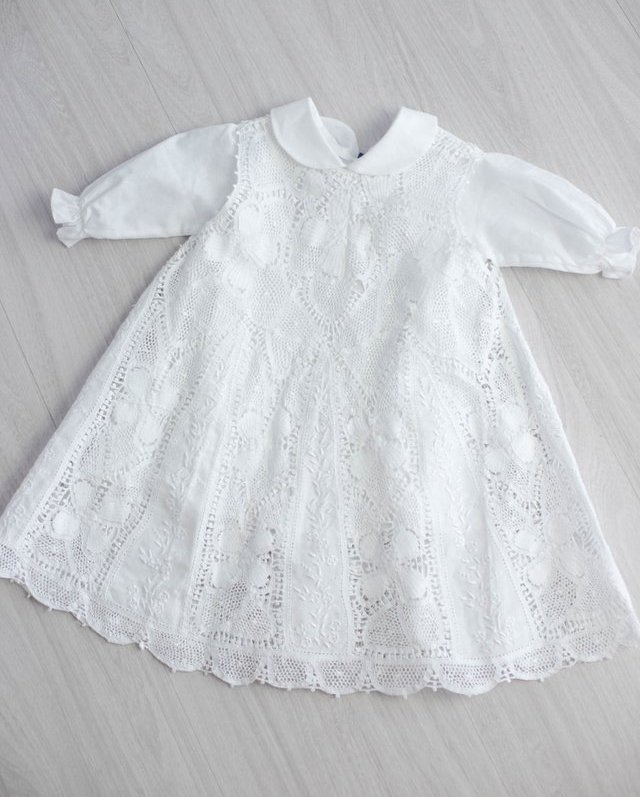 vestido de batizado de renda renascença manga longa para bebê menina