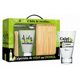 Kit Caipirinha 4pçs, Copo, Colher, Socador e Tábua