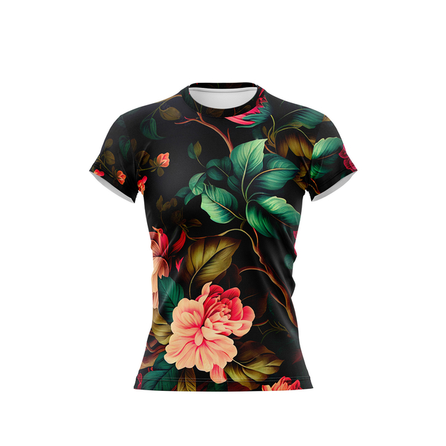 Remera Dama fondo negro flores rosadas y hojas verdes mod 4