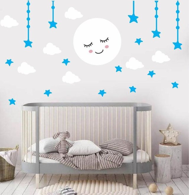 adesivo de parede quarto infantil lua nuvens azul ceu branco