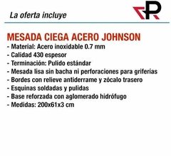 Mesada Johnson Acero Inoxidable 2.00 200 X 61 Ciega Lisa 2 M - comprar online