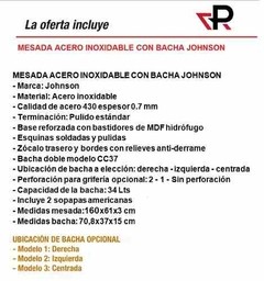 Mesada Johnson Acero Inoxidable 160 X 61cm Bacha Doble - Pignataro Diseño & Construccion