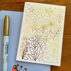 Set de 4 tarjetas de felicitación florales + sobres / Tarjetas A6 en blanco con detalles en foil dorado
